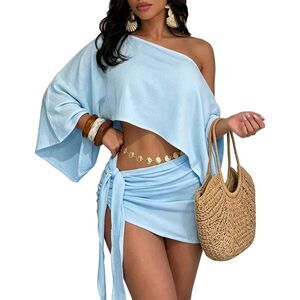 Blue 2 Piece Swimsuit Cover Up Set Off Shoulder Crop Top Ruched Mini Skirt